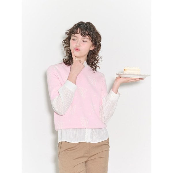 [B. my] 리본 패턴 반소매 니트  핑크 (BF5251N02X)