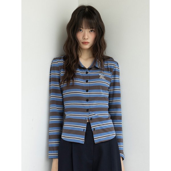 베이직 카라 세미 크롭 셔츠_스트라이프 차콜&블루