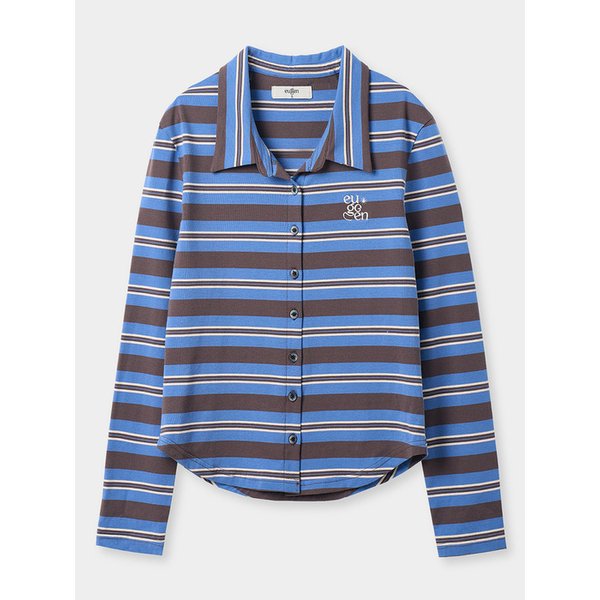 베이직 카라 세미 크롭 셔츠_스트라이프 차콜&블루