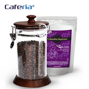 Caferia 나무/아크릴 밀폐용기 1000ml+콜롬비아 수프리모 200g(CA3-C7) [보관용기/볶은원두/커피콩/드립커비/커피용품]