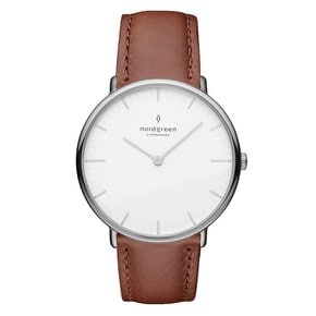 Nordgreen Native 40mm [노드 그린] 남성 실버 북유럽 디자인 시계와 화이트 다이얼 브라운 가죽