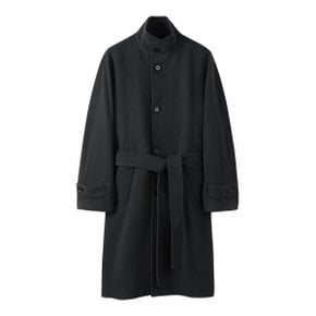 Grey Band Collar Belted Coat_CWCAW24704GYD