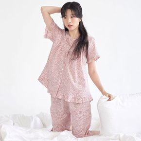 핑크잔꽃 여성 반팔 순면 잠옷 세트 _P323104515
