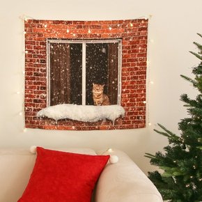 스노윙 윈도우 캣 크리스마스 패브릭포스터 (90x80cm) 가리개커튼 태피스트리 인테리어포스터
