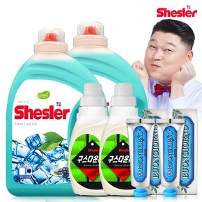 강호동의 쉬슬러 액상 세제 후레쉬 3.05L 2개+구스다운워시전용 650ml 2개+치석케어 치약 100g 2개.