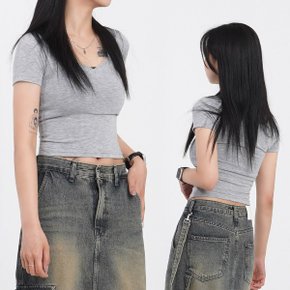 여자 여름 티 반팔 티셔츠 이너 브이넥 크롭 무지 슬림 기본 쫄티_P402350266