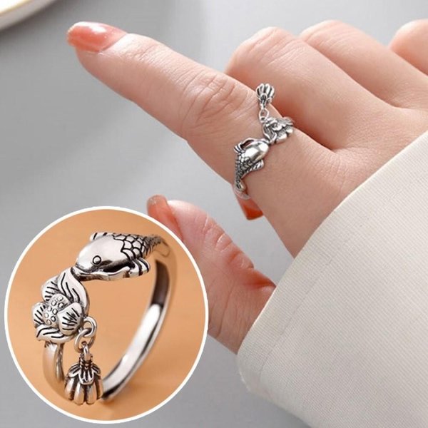 [옷자락] 여성 연꽃 잉어 건강 재물 오픈 사이즈조절 은 반지