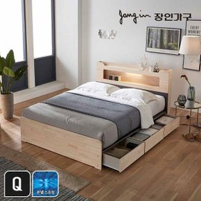 시드니 LED 편백나무원목 3서랍 수납침대Q_본넬매트