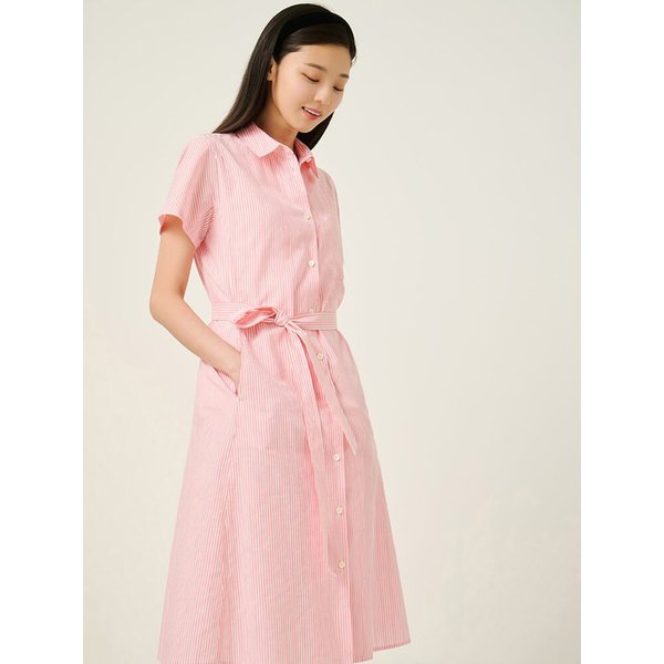 스트라이프 텍스처 반소매 원피스  라이트 핑크 (BF5771C02Y)